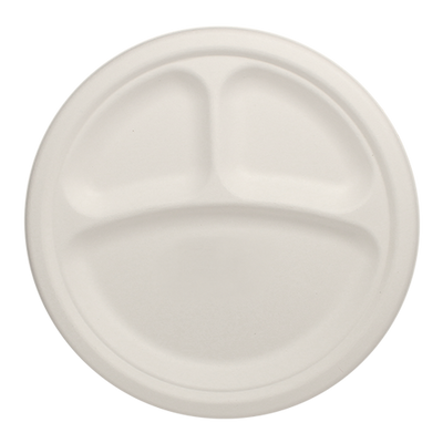 Eco-friendly 9″ Bagasse Round Plates – 3 Compartments Case