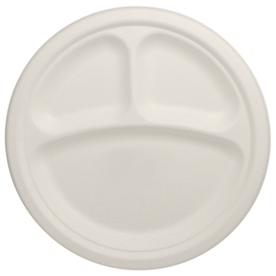 Eco-friendly 10″ Bagasse Round Plates – 3 Compartments Case