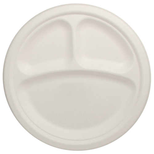 Eco-friendly 10″ Bagasse Round Plates – 3 Compartments Case